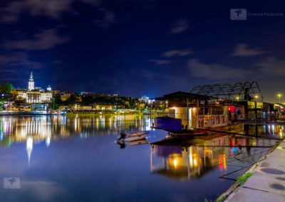 Serbia, Belgrade, Novi Beograd, Savski Venac, Sava River, Party ship and restaurant at riverside